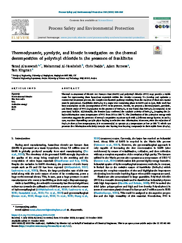 Thermodynamic, pyrolytic, and kinetic investigation on the thermal decomposition of polyvinyl chloride in the presence of franklinite Thumbnail