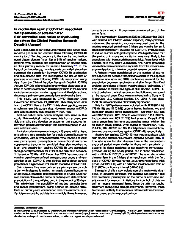 Is vaccination against COVID-19 associated with psoriasis or eczema flare? Self-controlled case series analysis using data from the Clinical Practice Research Datalink (Aurum) Thumbnail