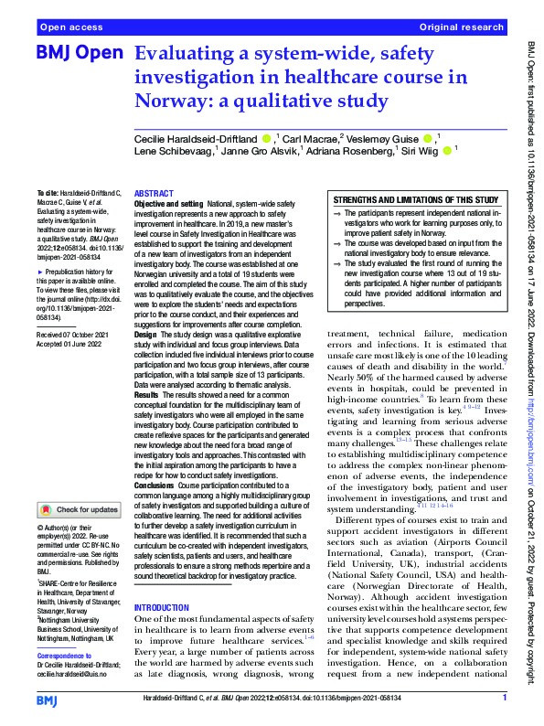 Evaluating a system-wide, safety investigation in healthcare course in Norway: a qualitative study Thumbnail