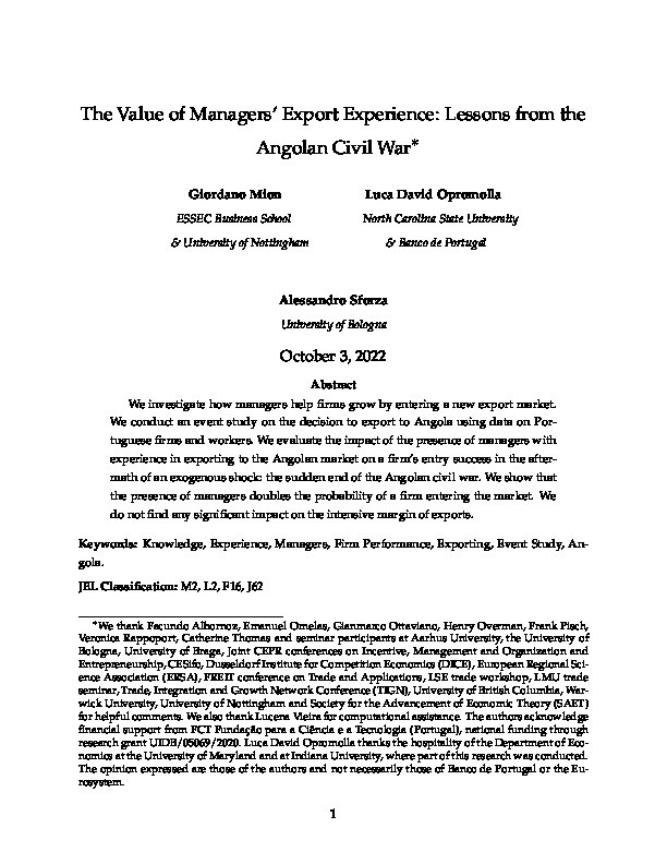 The Value of Managers' Export Experience: Lessons from the Angolan Civil War Thumbnail