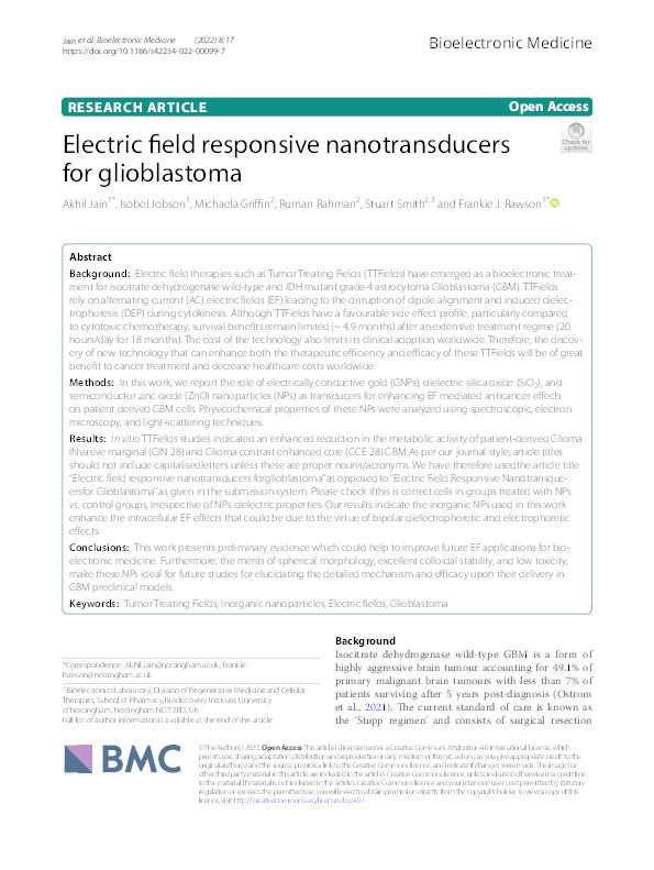 Electric field responsive nanotransducers for glioblastoma Thumbnail