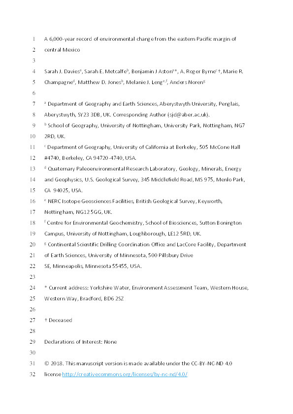 A 6,000-year record of environmental change from the eastern Pacific margin of central Mexico Thumbnail