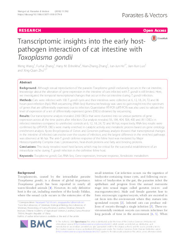 Transcriptomic insights into the early host-pathogen interaction of cat intestine with Toxoplasma gondii Thumbnail