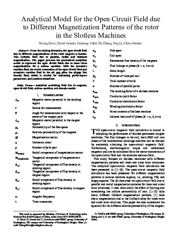 Analytical Model for the Open Circuit Field due to Different Magnetization Patterns of the rotor in the Slotless Machines Thumbnail