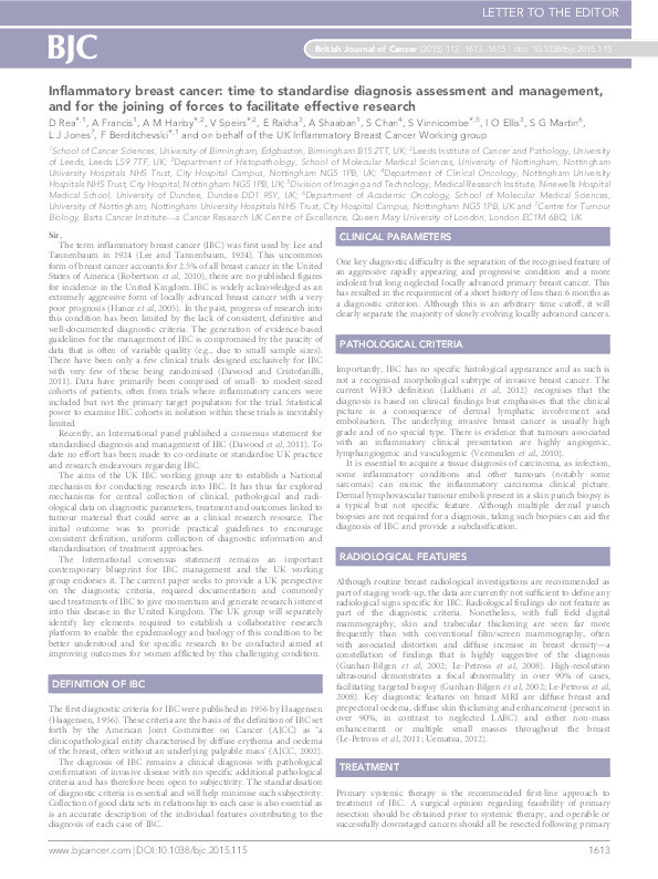 Inflammatory breast cancer: time to standardise diagnosis assessment and management and for the joining of forces to facilitate effective research Thumbnail