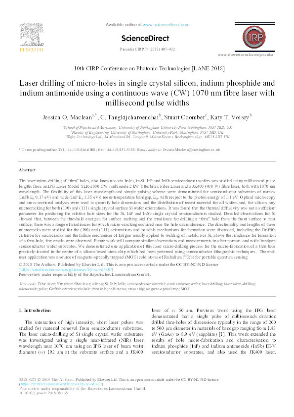 Laser drilling of micro-holes in single crystal silicon, indium phosphide and indium antimonide using a continuous wave (CW) 1070 nm fibre laser with millisecond pulse widths Thumbnail