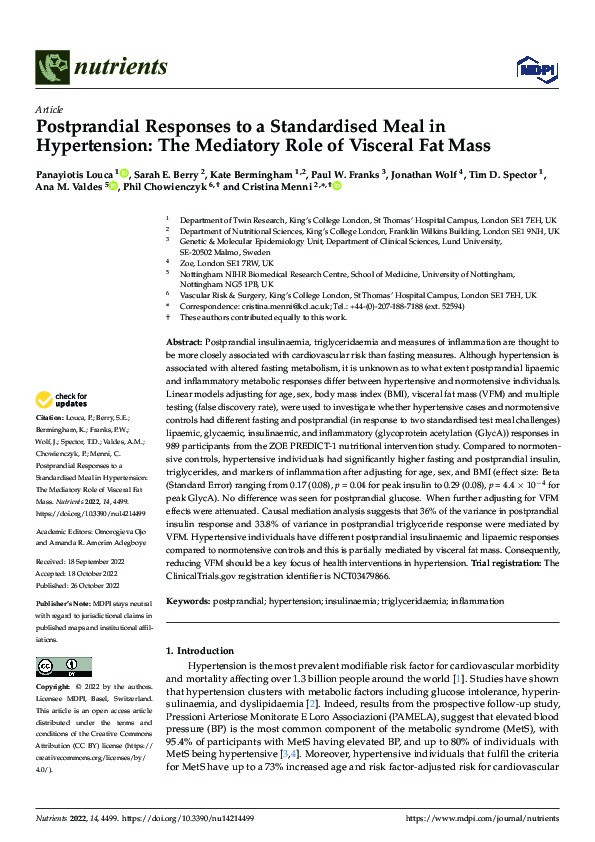 Postprandial Responses to a Standardised Meal in Hypertension: The Mediatory Role of Visceral Fat Mass Thumbnail