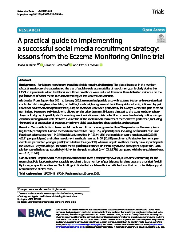A practical guide to implementing a successful social media recruitment strategy: lessons from the Eczema Monitoring Online trial Thumbnail