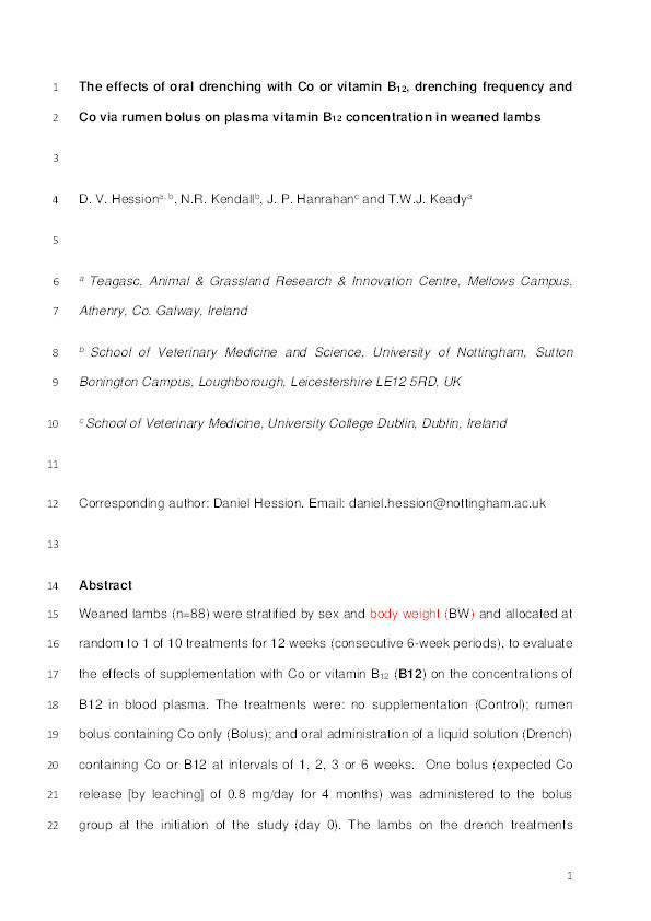The effects of oral drenching with Co or vitamin B12, drenching frequency and Co via rumen bolus on plasma vitamin B12 concentration in weaned lambs Thumbnail