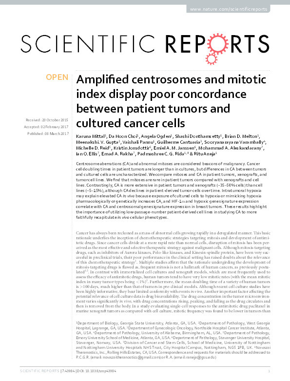 Amplified centrosomes and mitotic index display poor concordance between patient tumors and cultured cancer cells Thumbnail