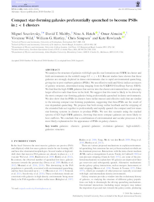 Compact star-forming galaxies preferentially quenched to become PSBs in z < 1 clusters Thumbnail