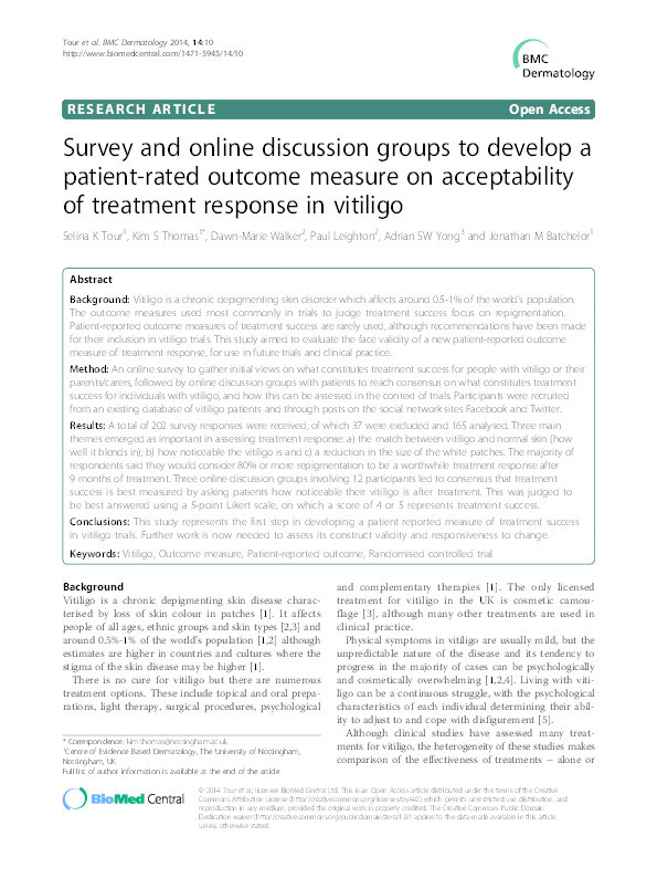 Survey and online discussion groups to develop a patient-rated outcome measure on acceptability of treatment response in vitiligo Thumbnail