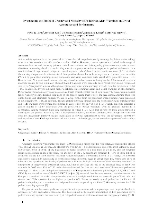 Investigating the effect of urgency and modality of pedestrian alert warnings on driver acceptance and performance Thumbnail