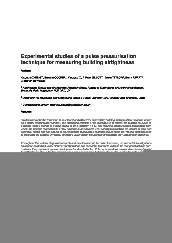 Experimental studies of a pulse pressurisation technique for measuring building airtightness Thumbnail