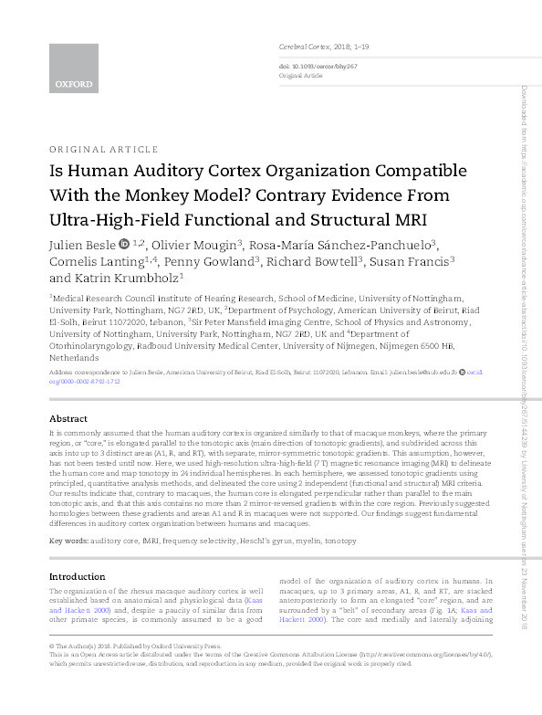 Is human auditory cortex organization compatible with the monkey model? Contrary evidence from ultra-high-field functional and structural MRI Thumbnail