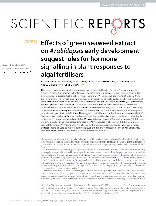 Effects of green seaweed extract on Arabidopsis early development suggest roles for hormone signalling in plant responses to algal fertilizers Thumbnail