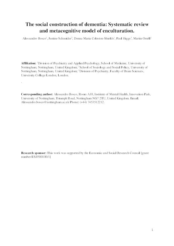 The social construction of dementia: Systematic review and metacognitive model of enculturation Thumbnail