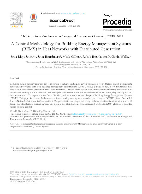 A Control Methodology for Building Energy Management Systems (BEMS) in Heat Networks with Distributed Generation Thumbnail