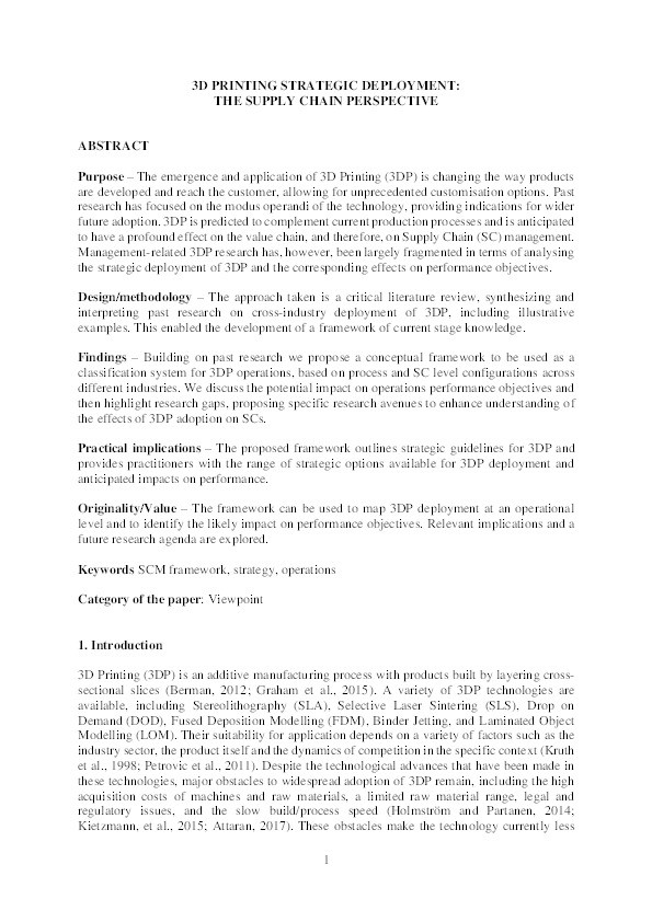 3D printing strategic deployment: the supply chain perspective Thumbnail
