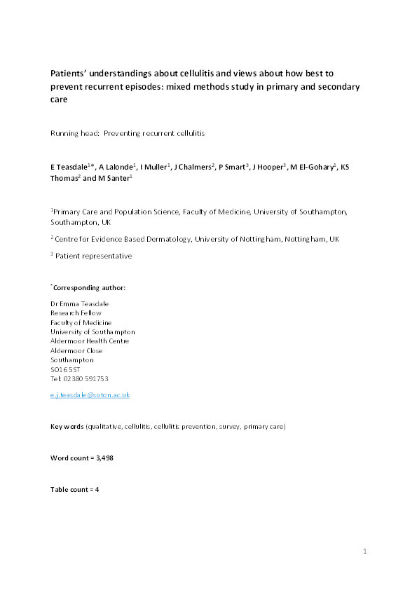 Patients’ understanding of cellulitis and views about how best to prevent recurrent episodes: mixed-methods study in primary and secondary care Thumbnail