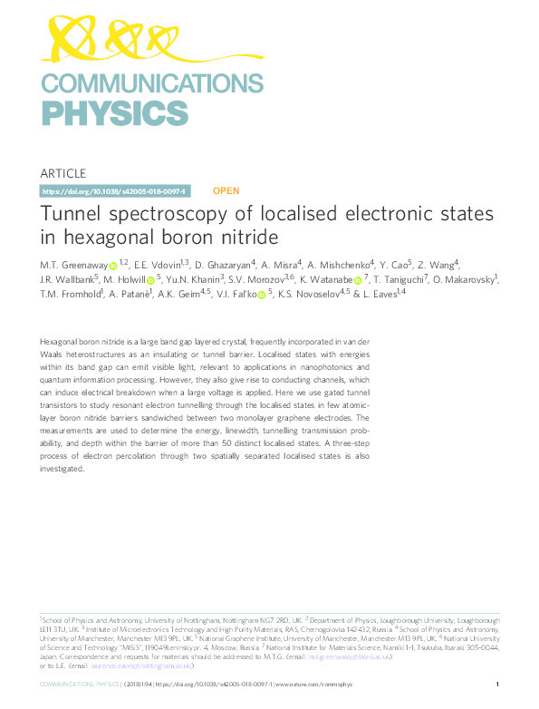 Tunnel spectroscopy of localised electronic states in hexagonal boron nitride Thumbnail