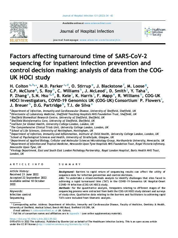 Factors affecting turnaround time of SARS-CoV-2 sequencing for inpatient infection prevention and control decision making: analysis of data from the COG-UK HOCI study Thumbnail