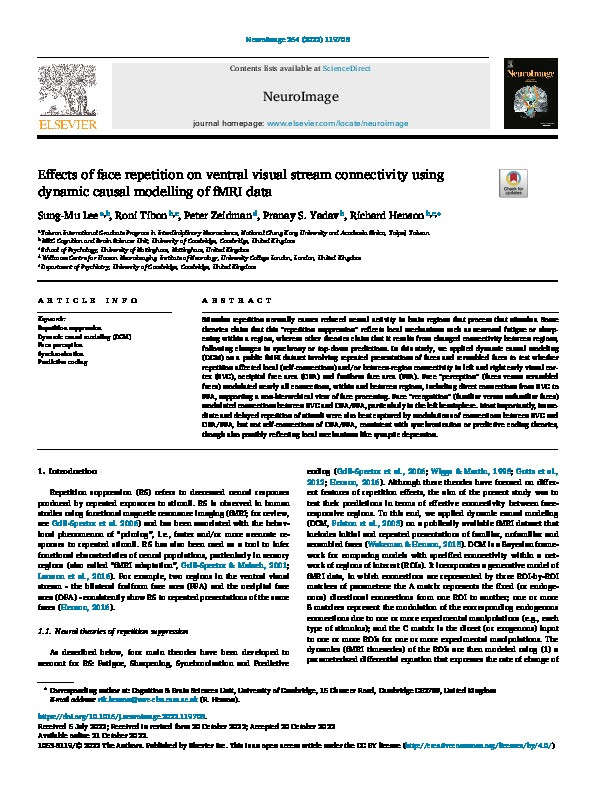 Effects of face repetition on ventral visual stream connectivity using dynamic causal modelling of fMRI data Thumbnail