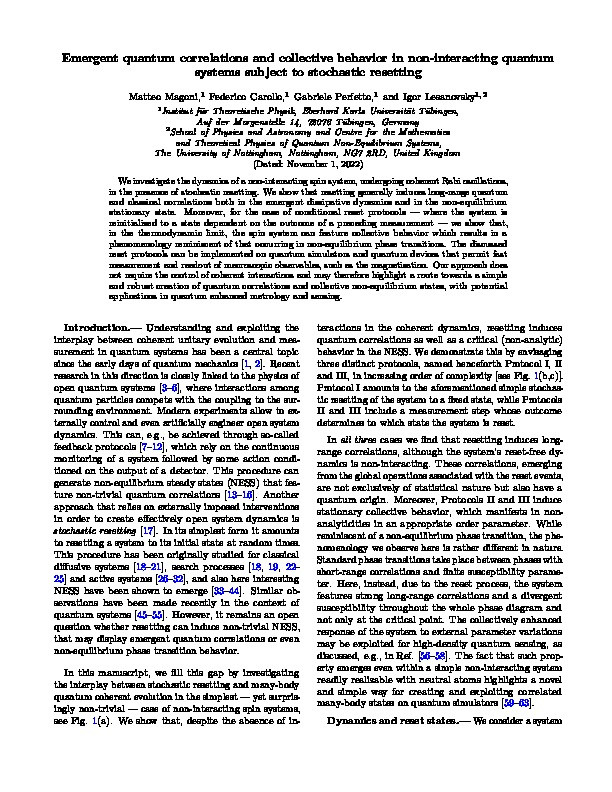 Emergent quantum correlations and collective behavior in noninteracting quantum systems subject to stochastic resetting Thumbnail