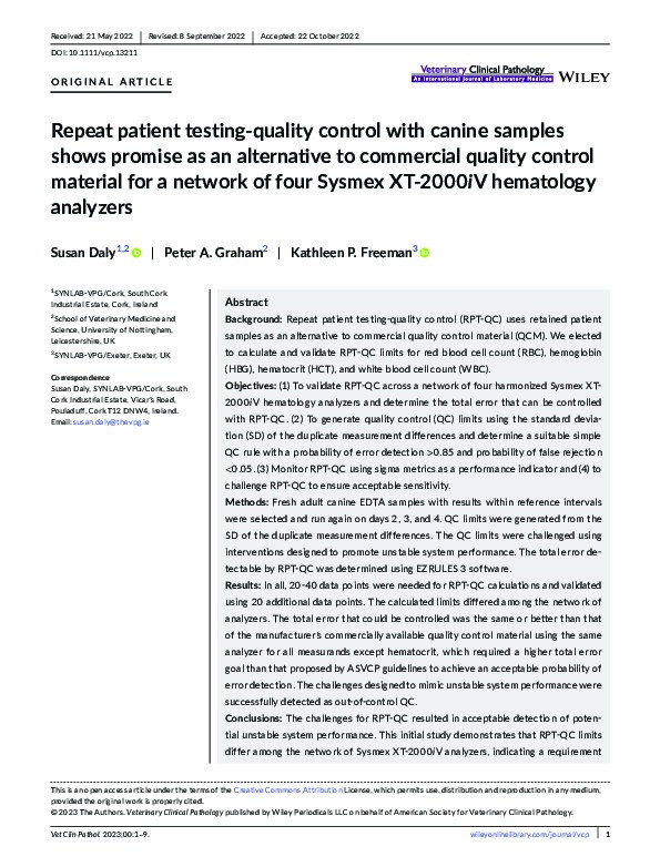 Repeat patient testing-quality control with canine samples shows promise as an alternative to commercial quality control material for a network of 4 Sysmex XT2000iV hematology analyzers Thumbnail