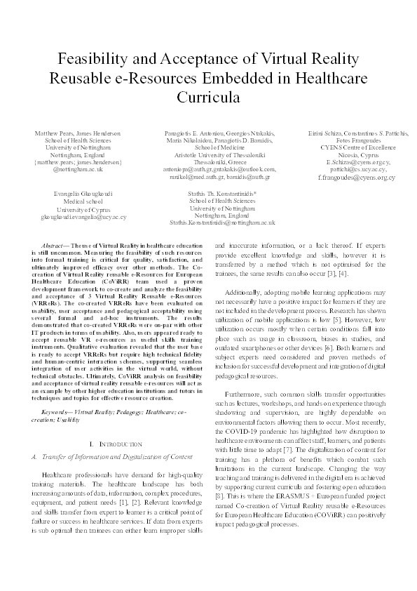 Feasibility and Acceptance of Virtual Reality Reusable e- Resources Embedded in Healthcare Curricula Thumbnail