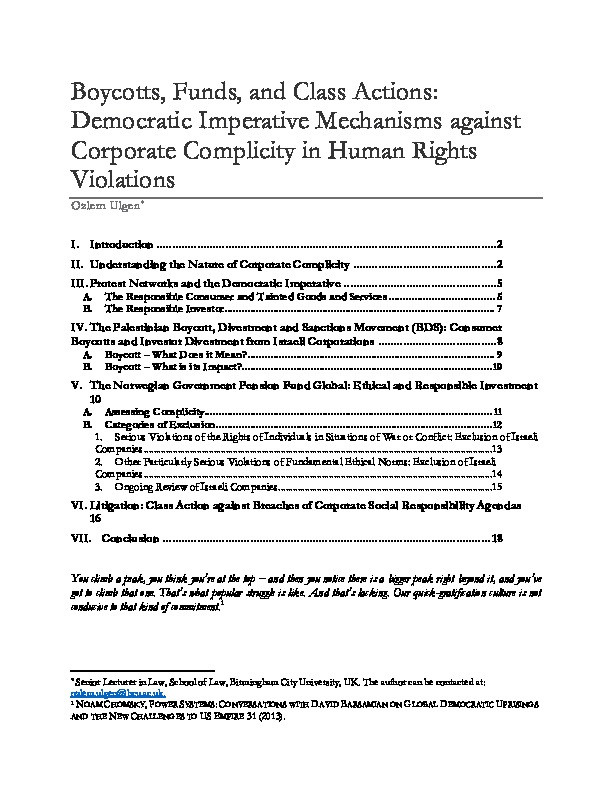 Boycotts, Funds, and Class Actions: Democratic Imperative Mechanisms against Corporate Complicity in Human Rights Violations Thumbnail