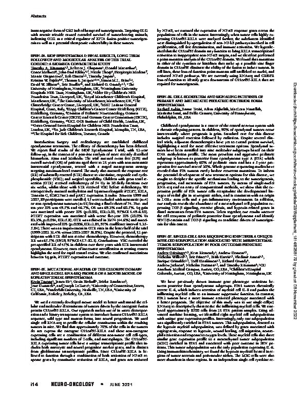 EPEN-07. SINGLE-CELL RNA SEQUENCING IDENTIFIES A UNIQUE MYELOID SUBPOPULATION ASSOCIATED WITH MESENCHYMAL TUMOR SUBPOPULATION IN POOR OUTCOME PEDIATRIC EPENDYMOMA Thumbnail