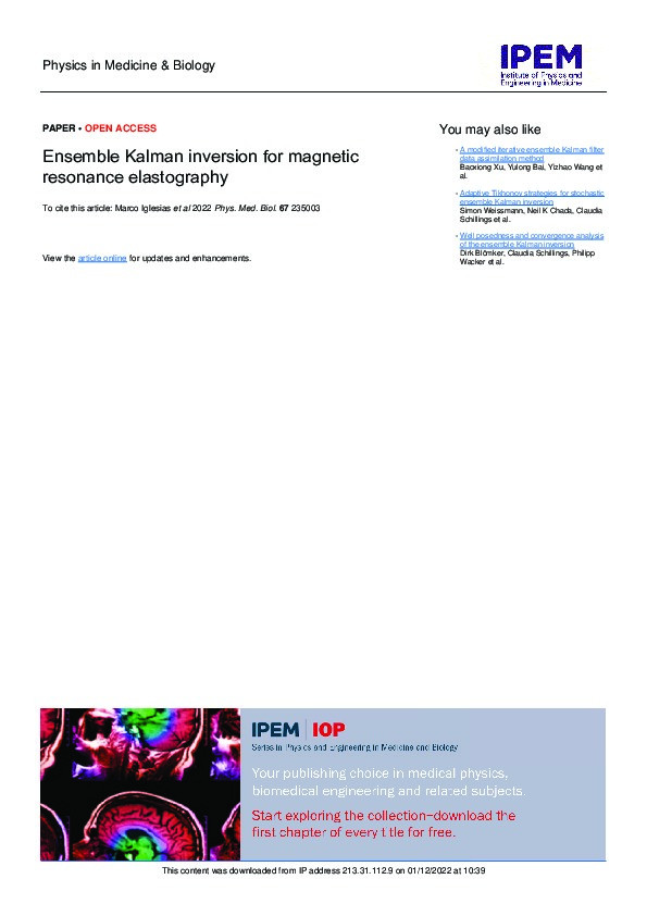Ensemble Kalman inversion for magnetic resonance elastography. Thumbnail