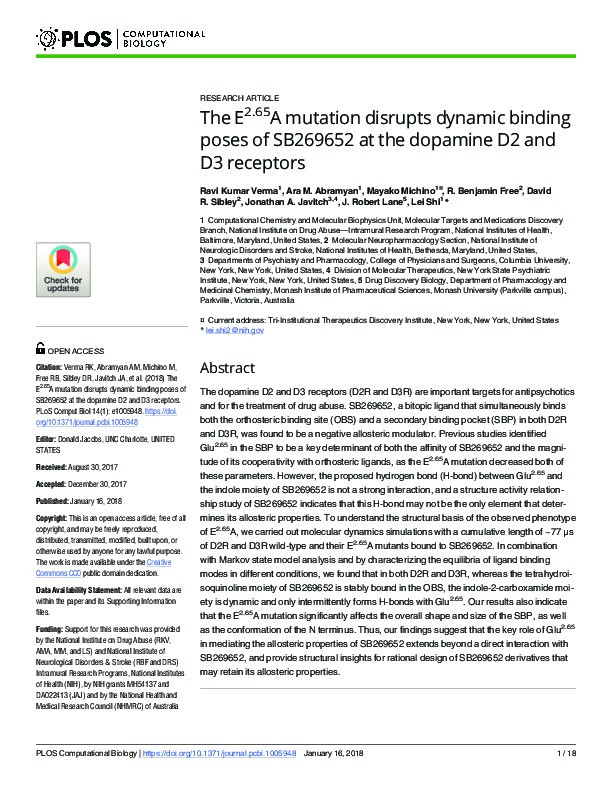 The E2.65A mutation disrupts dynamic binding poses of SB269652 at the dopamine D2 and D3 receptors Thumbnail