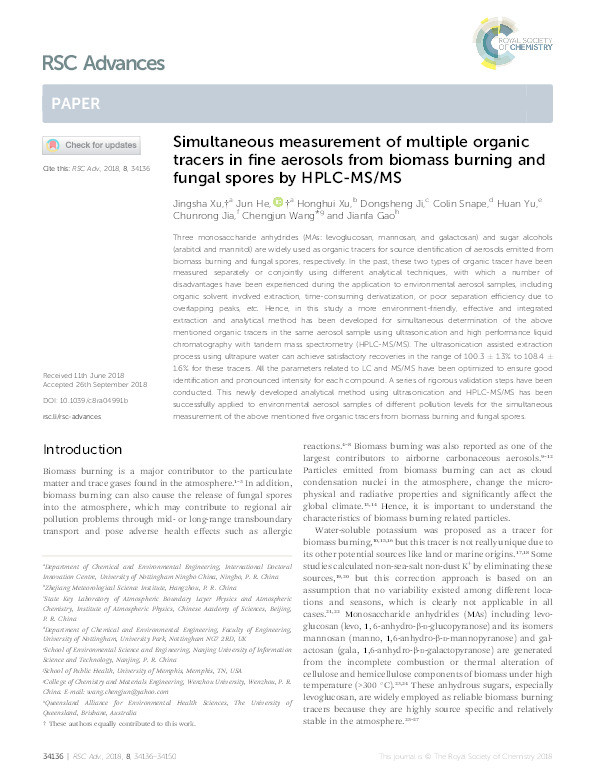 Simultaneous measurement of multiple organic tracers in fine aerosols from biomass burning and fungal spores by HPLC-MS/MS Thumbnail