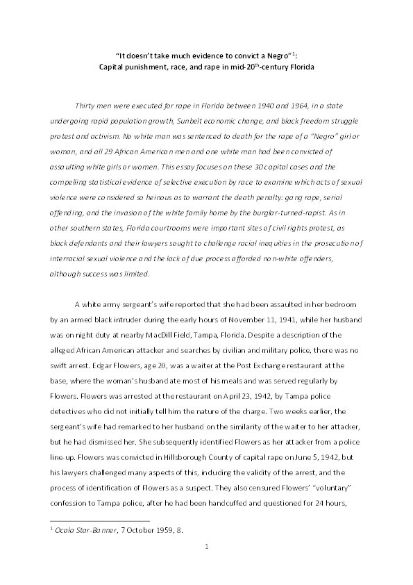 “It doesn’t take much evidence to convict a Negro”: Capital punishment, race, and rape in mid-20th-century Florida Thumbnail