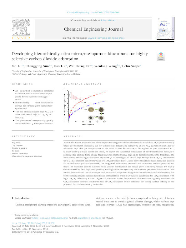 Developing hierarchically ultra-micro/mesoporous biocarbons for highly selective carbon dioxide adsorption Thumbnail