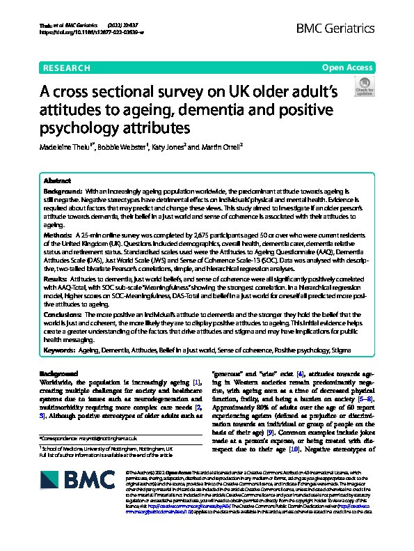 A cross sectional survey on UK older adult’s attitudes to ageing, dementia and positive psychology attributes Thumbnail