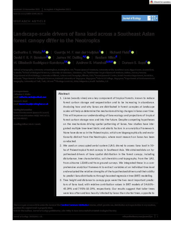 Landscape-scale drivers of liana load across a Southeast Asian forest canopy differ to the Neotropics Thumbnail