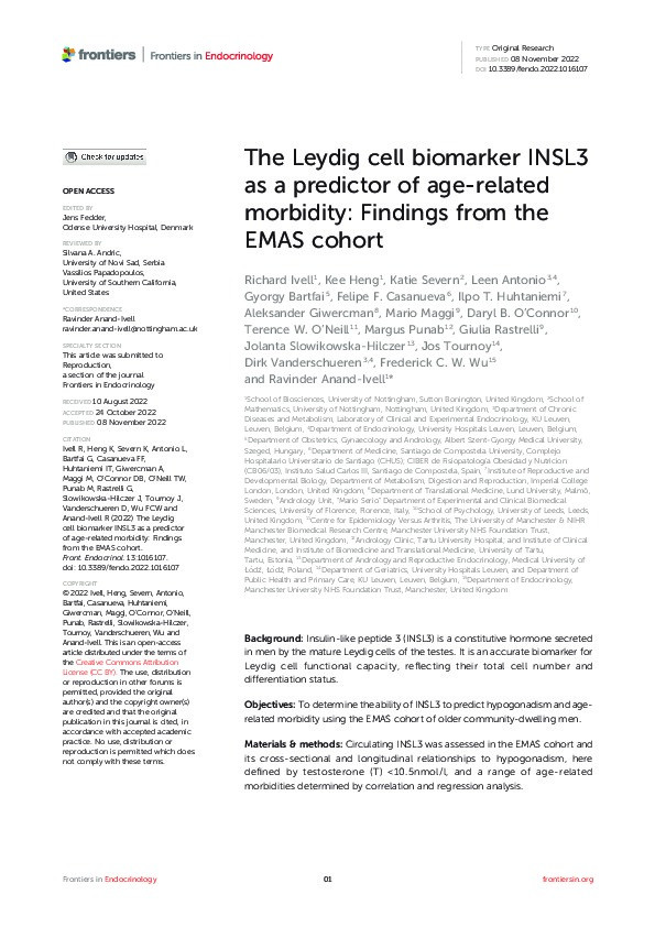 The Leydig cell biomarker INSL3 as a predictor of age-related morbidity: Findings from the EMAS cohort Thumbnail