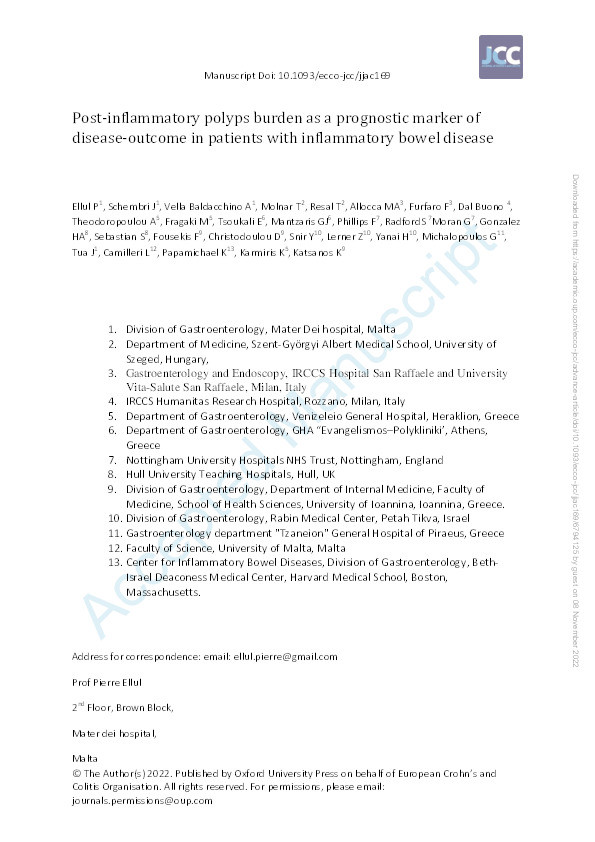 Post-inflammatory Polyp Burden as a Prognostic Marker of Disease-outcome in Patients with Inflammatory Bowel Disease Thumbnail