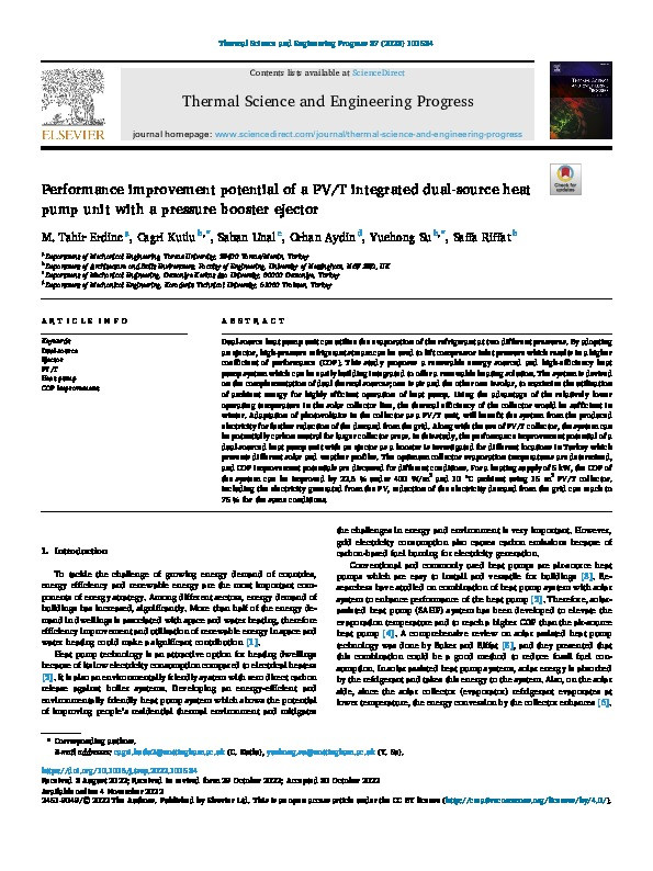 Performance improvement potential of a PV/T integrated dual-source heat pump unit with a pressure booster ejector Thumbnail