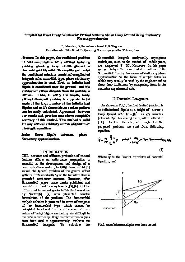Simple Near Exact Image Solution for Vertical Antenna Above Lossy Ground Using Stationary Phase Approximation Thumbnail
