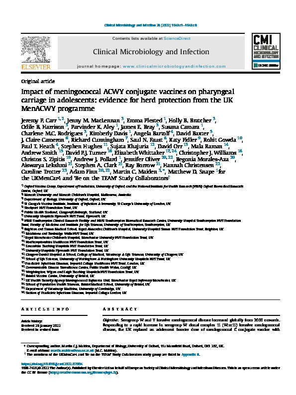 Impact of meningococcal ACWY conjugate vaccines on pharyngeal carriage in adolescents: evidence for herd protection from the UK MenACWY programme Thumbnail