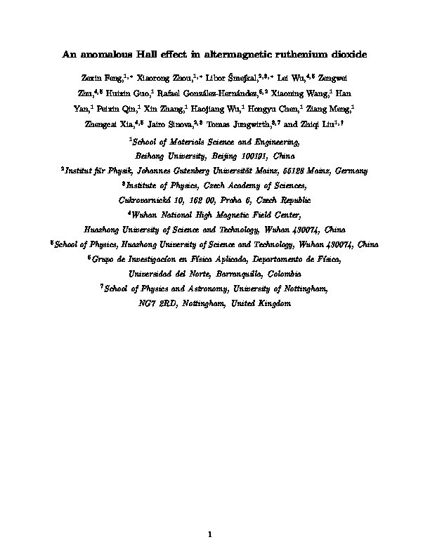 An anomalous Hall effect in altermagnetic ruthenium dioxide Thumbnail