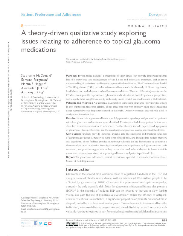 A theory-driven qualitative study exploring issues relating to adherence to topical glaucoma medications Thumbnail