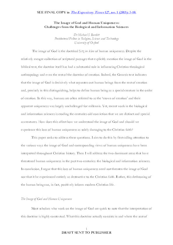 The Image of God and Human Uniqueness: Challenges from the Biological and Information Sciences Thumbnail