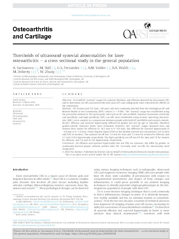 Thresholds of ultrasound synovial abnormalities for knee osteoarthritis: a cross sectional study in the general population Thumbnail