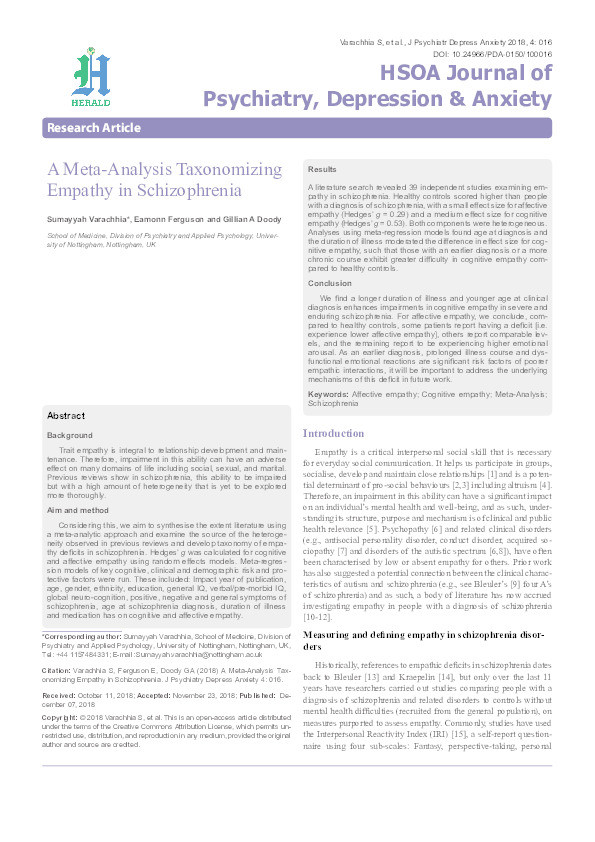 A Meta-Analysis Taxonomizing Empathy in Schizophrenia Thumbnail