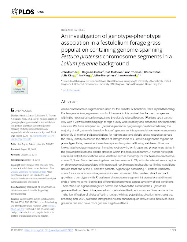 An investigation of genotype-phenotype association in a festulolium forage grass population containing genome-spanning Festuca pratensis chromosome segments in a Lolium perenne background Thumbnail